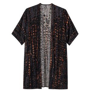 Black Copper Tie Dye Kimono Duster Open Front Boho Beach Coverup Short Sleeve